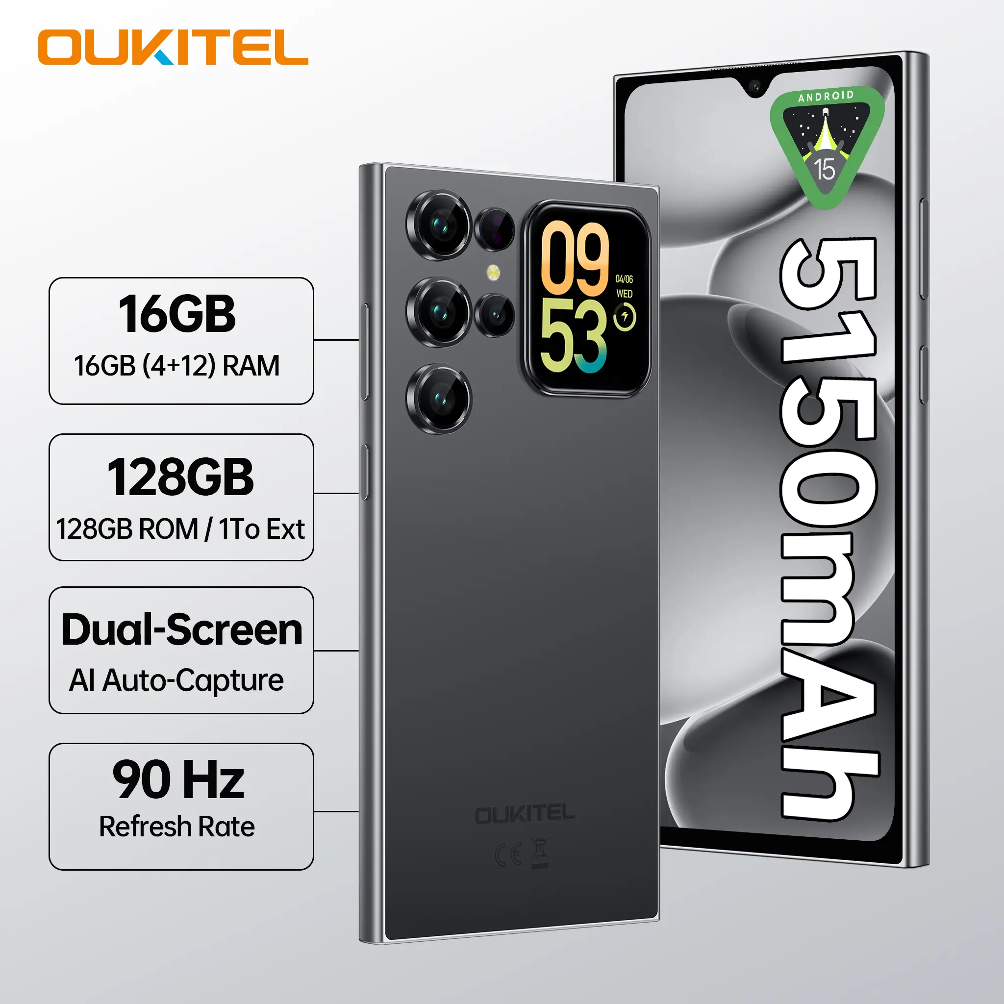 2026 Dual Screen OUKITEL C62 Unlock Smartphone, 1.81" Smart Rear Display,  16(4+12) GB RAM + 128 GB ROM , Octa-Core Cellphone, 6.88" HD + 90Hz Screen, 5150 mAh Battery, 13 MP + 5 MP Camera, Android System, Dual SIM/OTG/GPS/T-Mobile