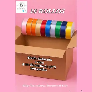 Caja de 10 rollos de Listón Satinado 100 yds- 1 Cara - 4 cm de ancho
