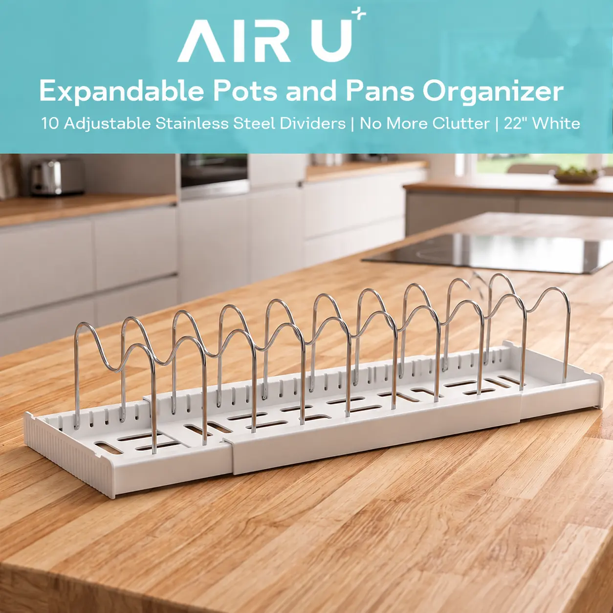 AIR U Expandable Pots and Pans Organizer for Under Cabinet Storage, 10 Adjustable Stainless Steel Dividers Pot Lid Pan Lid Holders Rack for Countertop and Inside Cabinet, 22" White