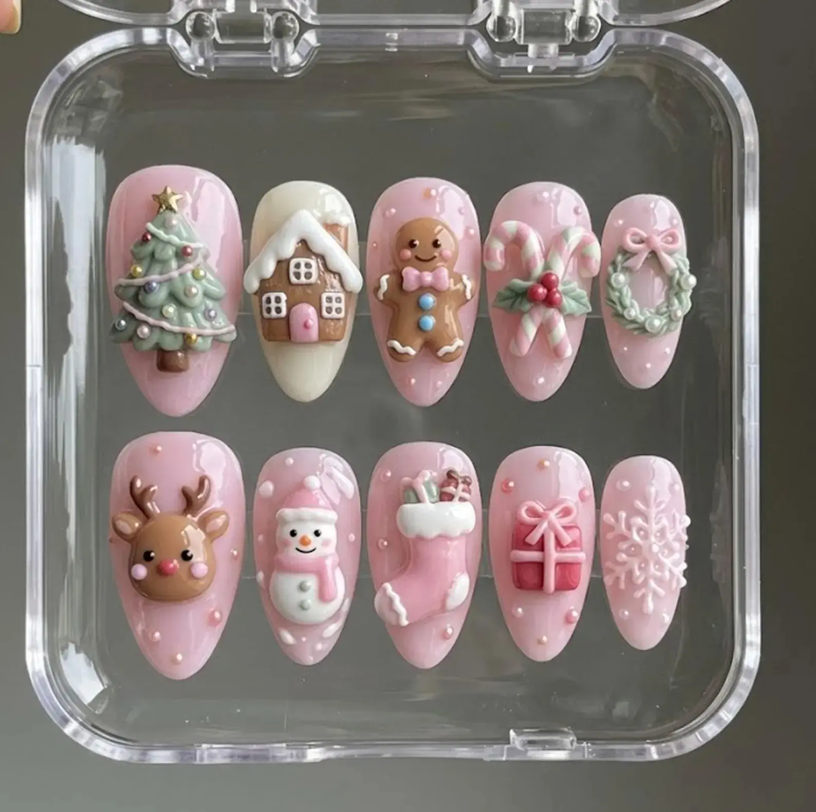 Handmade Pink Christmas Press On Nails, 3D Gingerbread and Reindeer Set, Snowman & Snowflake Art, Nails For Kawaii Holiday Vibes