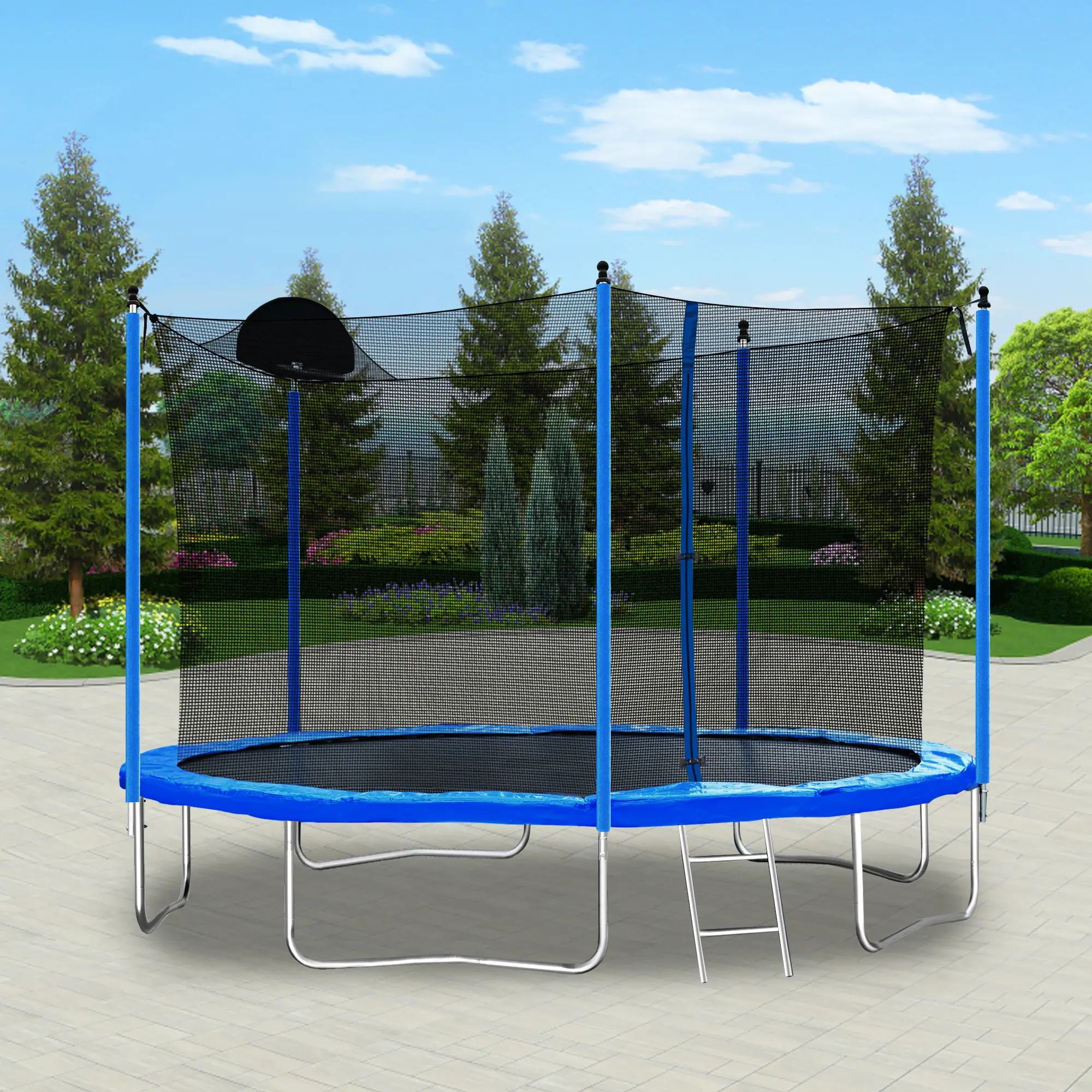 12FT Heavy Duty Sports Trampoline for Adults & Kids, Outdoor Fitness Trampoline with Basketball Hoop, Backboard, Ladder, 360-Degree Safety Net, 70 Galvanized Springs, High-Strength Mat & Triangle Backboard Net, Heavy Duty Trampoline