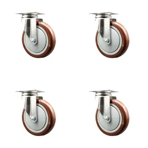 Polyurethane Swivel Top Plate Caster Set of 4 with 5 Inch Maroon Caster Wheels - 316 Stainless Steel Casters - Includes 4 Swivel Casters - 1,400 lbs. Total Capacity - Service Caster Brand