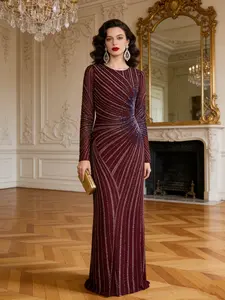 Women's Elegant Luxurious Evening Gown, Formal Wear, Sequin Decoration, Sheer Sleeves, Perfect for Wedding, Carpet, Luxury Parties