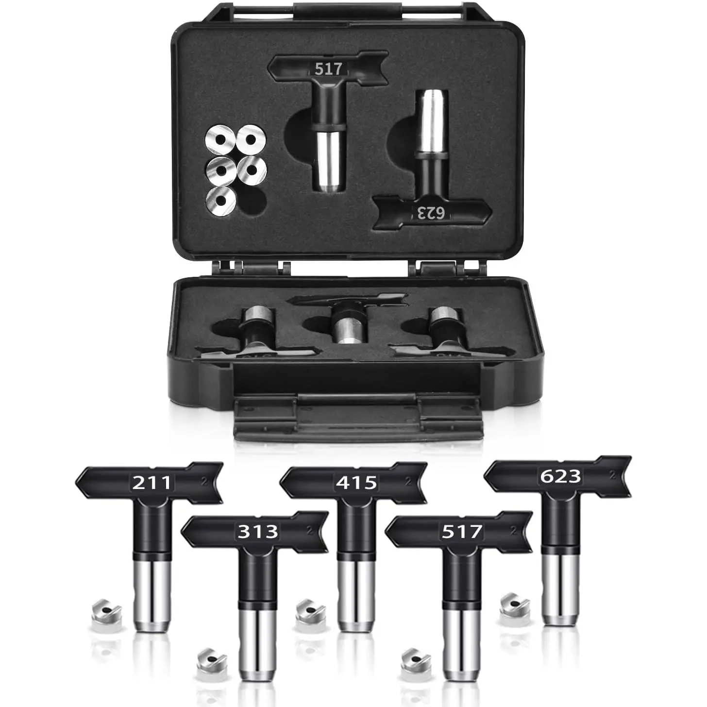 5-Pack Tungsten Carbide Reversible Spray Nozzle Tips with Stainless Steel & Nylon Gasket for Leakproof Tasteless Nylon Airless Spray Guns, Mini Storage Box Included, Multiple Types (211, 313, 415, 517, 623)