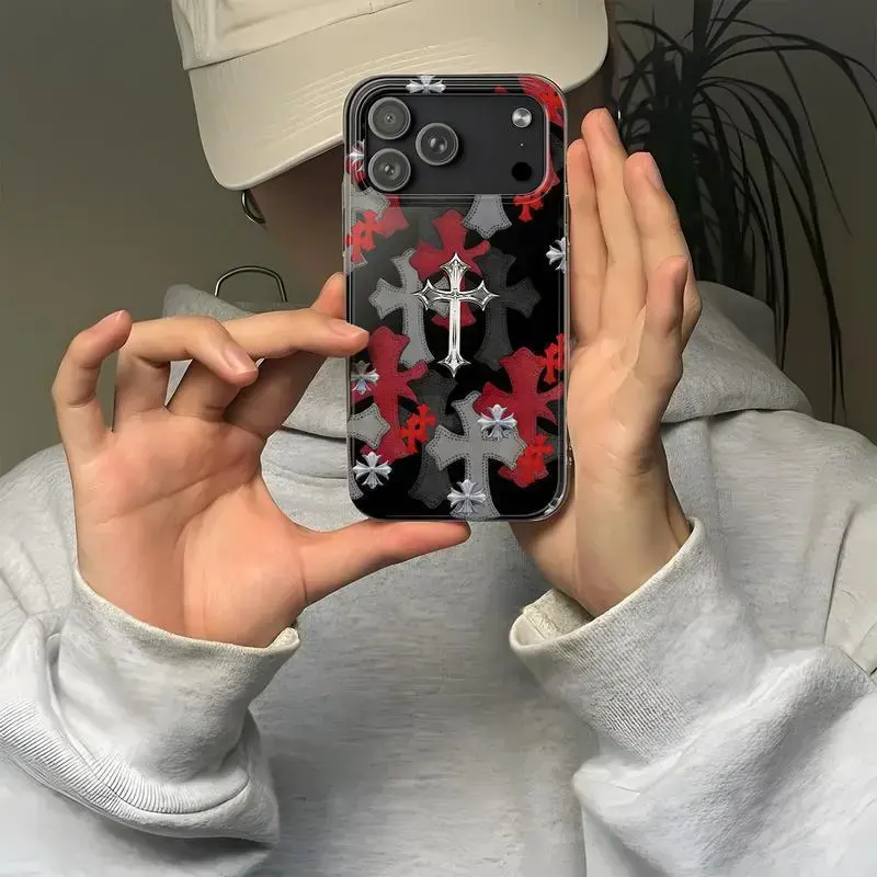 3D Chrome Hearts Cross Cover Black & Red Chrome Heart Phone Case