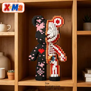 Two Tone Heart Bear Building Blocks Set - 12.6Inch Half Black Half Pink Micro Brick Bear Romantic DIY Toy Gift for Her