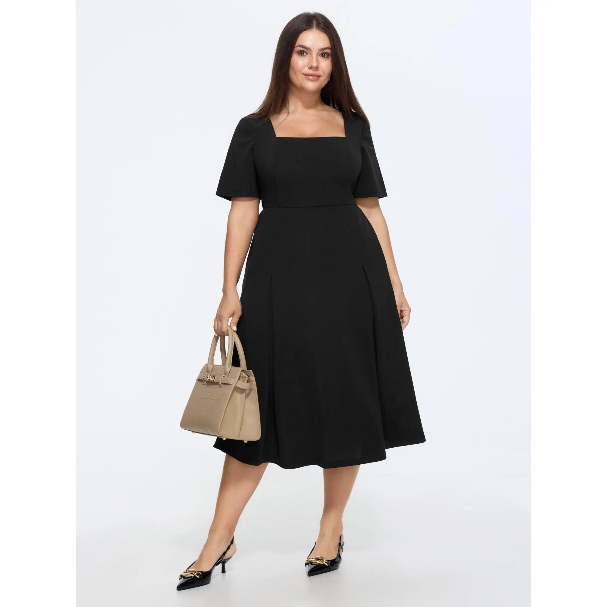 BloomChic Plus Size Classic Solid Square Neck Midi Dress, Casual Short Sleeve Smocked Office Garment with Pockets, Spandex, Basic, Fabric, Fit, Shortsleeve, Midi Length, Spandex Blend, Regular Sleeve Casual Dresses, Women, Casual Wear