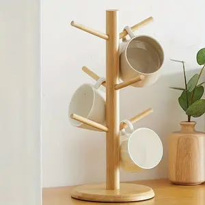 Solid Wood Mug Tree Stand with 6 Hooks - Multi-Purpose Cup Holder & Drying Rack for Kitchen Organization, Natural Wood Finish, Space-Saving Design for Mugs & Small Items