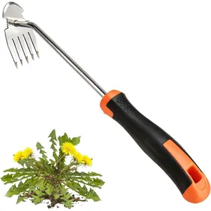 Garden Weeder Stainless Steel Hand Weeder 5 Teeth Weed Remover Tool Weeding Tools for Gardening (Rubber Handle)
