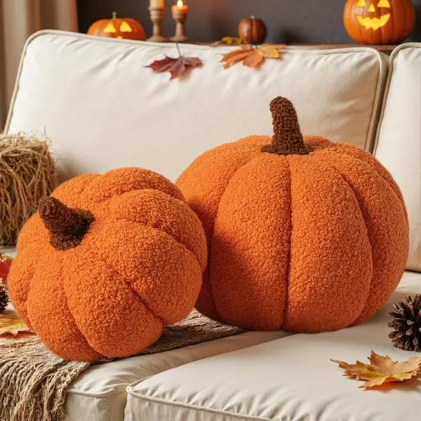 Lanpn Fall Pumpkin Pillows Set of 2, Halloween Decoration Decorative Throw Pillows Soft Fleece Sherpa Cute 3D Shaped Cushion for Sofa Couch Bedroom Autumn Thanksgiving (Orange, 12.6x8.7in & 9x5.9in)