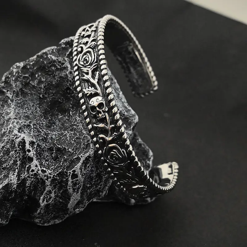 GTHIC Dark Skull Rose Gothic Stainless Steel Open Bracelet Unique Punk Accessory for Men and Women Gifts