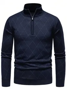 Men's Argyle Pattern Half Zip Sweater, Regular Fit Casual Long Sleeve Jumper for Spring & Fall, Fashion Men's Knitwear for Daily Wear Knitted Sweater