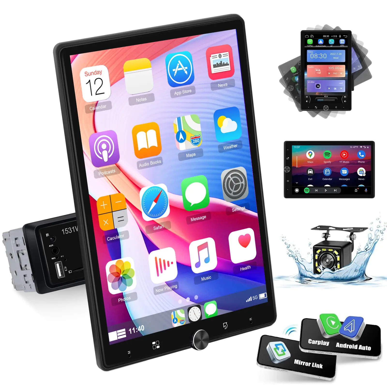 10.4" LCD Single Din Car Audio Radio with Vertical Rotatable HD Touchscreen - Car Accessories, Wired CarPlay, Android Auto, Bluetooth, USB, FM Tuning, Mirror Link, Backup Camera, Multi-Language Support (Father's Day Gift Option)