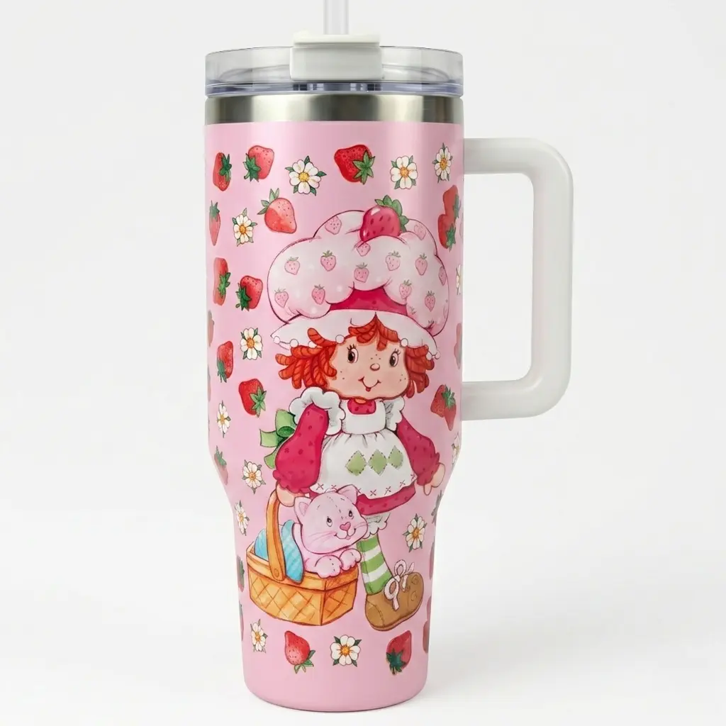 Strawberry Shortcake Cute Cartoon Character & Berry Print Portable Reusable Stainless Steel 40oz Insulated Tumbler with Handle - Vacuum Flask, Straw, 80s Nostalgia Travel Mug, Valentine's Day Gift for Women, Water Bottles, Animals, Industrial, Coffee, Ice