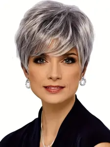 Elegant Women'S Short Pixie Cut Wig, Mixed Black Gray Roots, Fluffy Soft High-Temperature Fiber, Heat Resistant Synthetic Hair, Loose Curly Style with Rose Net Cap, Stylist Friendly Wig, Suitable for Daily and Party Us