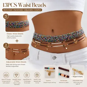 13Pcs Bohemian Colorful Rice Beads Waist Chain Set 10Pcs Elastic Chain & 3Pcs Adjustable Chain Vibrant Handmade Multi-layer Beads Waist Chain Vintage Women Golden Round Pendant Beach Party Vacation Wearing Body Chain Set