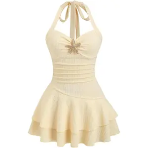 Women's Seashell Halter Mini Dress Sleeveless Layered Ruffle Summer Vacation Beach Dresses