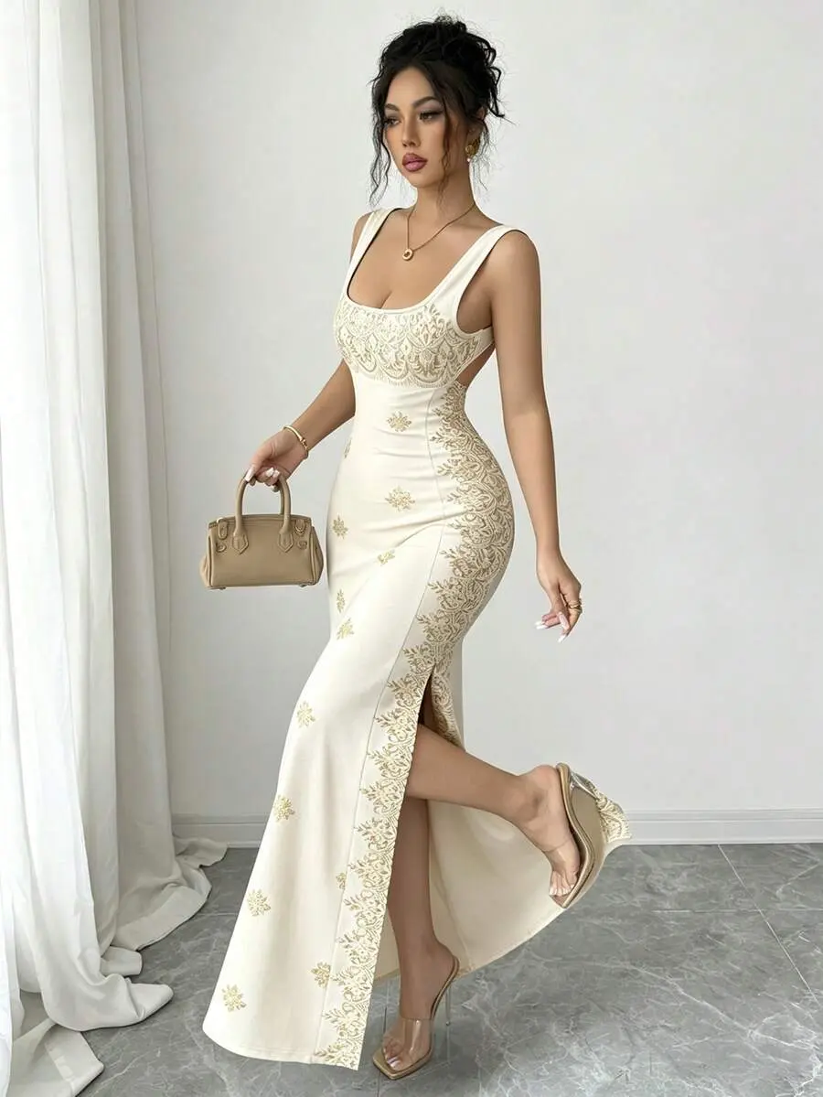 Women's Shiny Gold & Black White Summer Seductive Sequin Tropical Cocktail Dress,Square Neck Spaghetti Strap Backless Slit Hem Fitted High Waist Gala