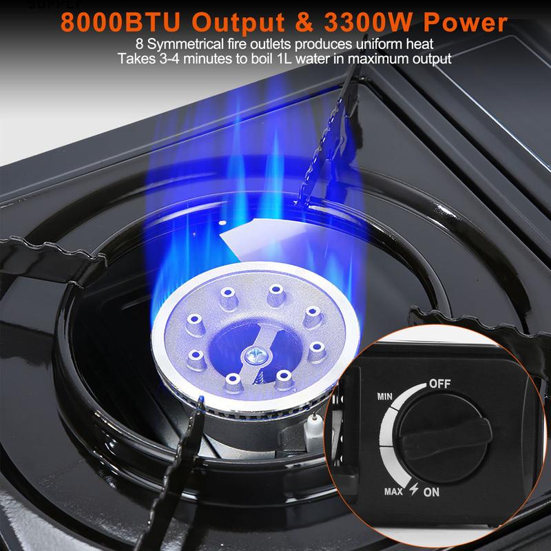 3300W Portable Camping Stove Butane Canister Dual Fuel Burner Piezo Electric Ignition Single Burner with Automatic Tank Ejection Overpressure Cut Off Carry Case for Camping Hiking Picnic Fishing BBQ