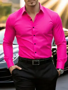 Men's Fashion Formal Solid Plain Rose Fitted Shirt, Casual Party Wear, All Seasons Buttoned Long Sleeve, Breathable