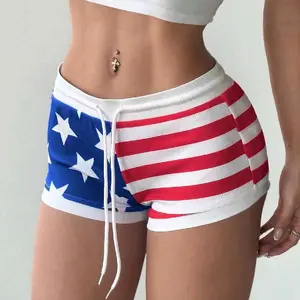 StreetHx Form-Fitting Short Women Shorts, Vintage Star Stripe Contrast Color Digital Print Low Waist Shorts American flag pattern shorts 4th of july shorts