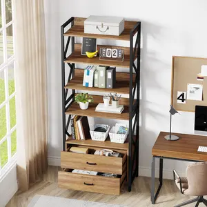 TRIBEWOOD Bookshelf with Drawers, 70.8" Industrial Bookcase with 2 Drawers, 5 Shelf Open Shelf for Storage, Wood Book Shelf for Living Room, Bedroom, Home, Office