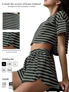 Women's striped loungewear two-piece set, American casual sexy crop top and side-slit shorts, fashionable knitted loungewear set, women's pajama set.