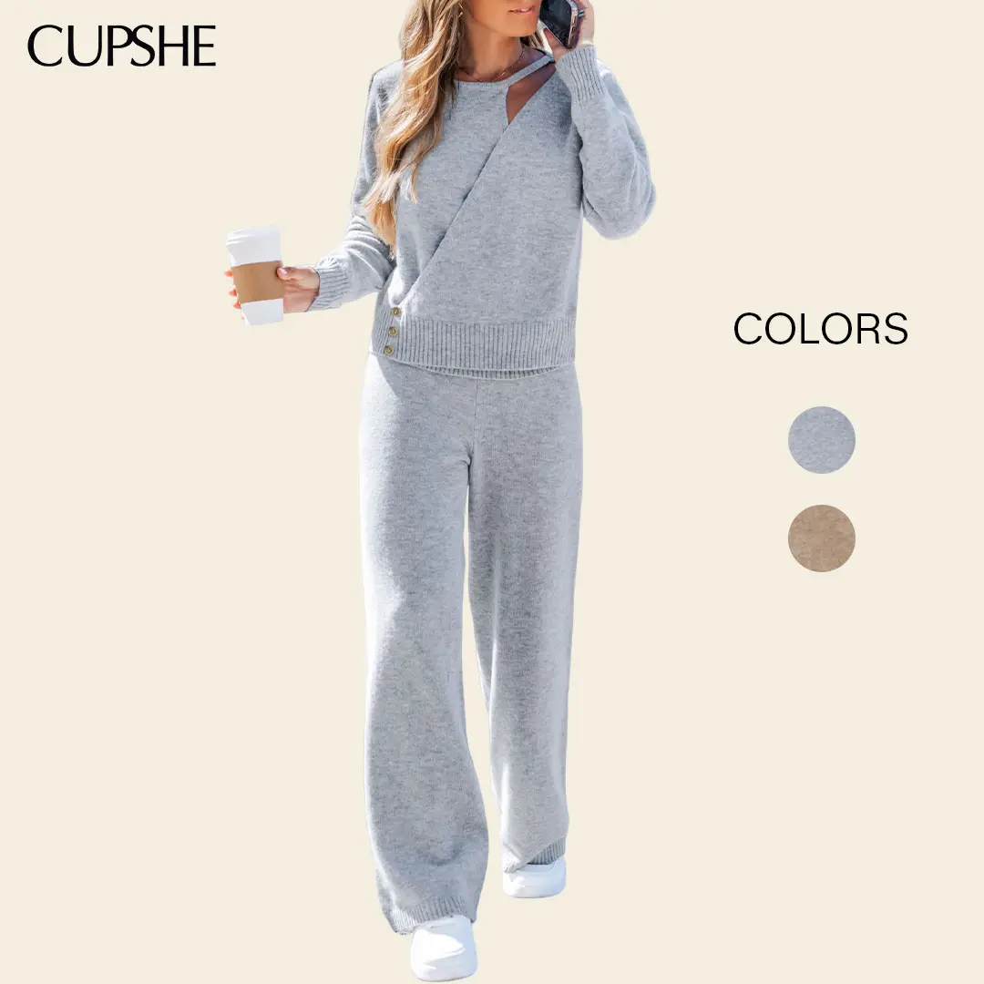 Cupshe Women's Casual Knit Lounge Set | Round Neck Sweater & Loose Fit Wool Blend Pants for Fall (Items Sold Separately), Basic, Longsleeves, Cozy Sweater, Minimalist, Sweater (Grey), Hand Wash