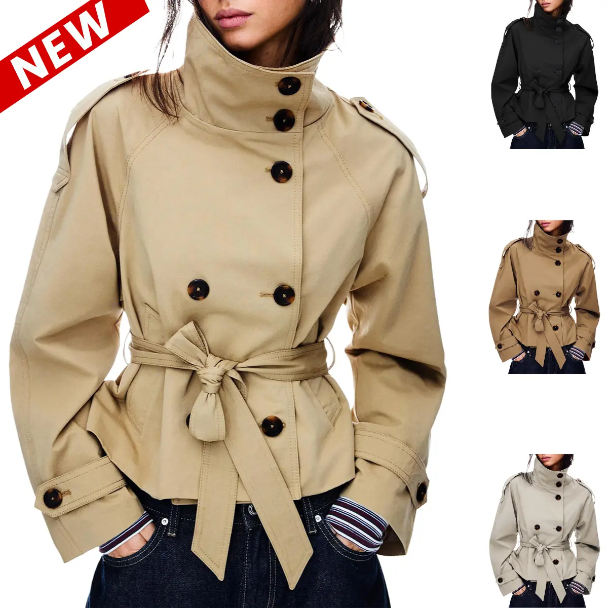 Yeokou Women's Cropped Double-Breasted Trench Coat, High-Collar Long-Sleeve Fitted Casual Jacket with Belt, Fall Winter Tops Full-Sleeve Outerwear