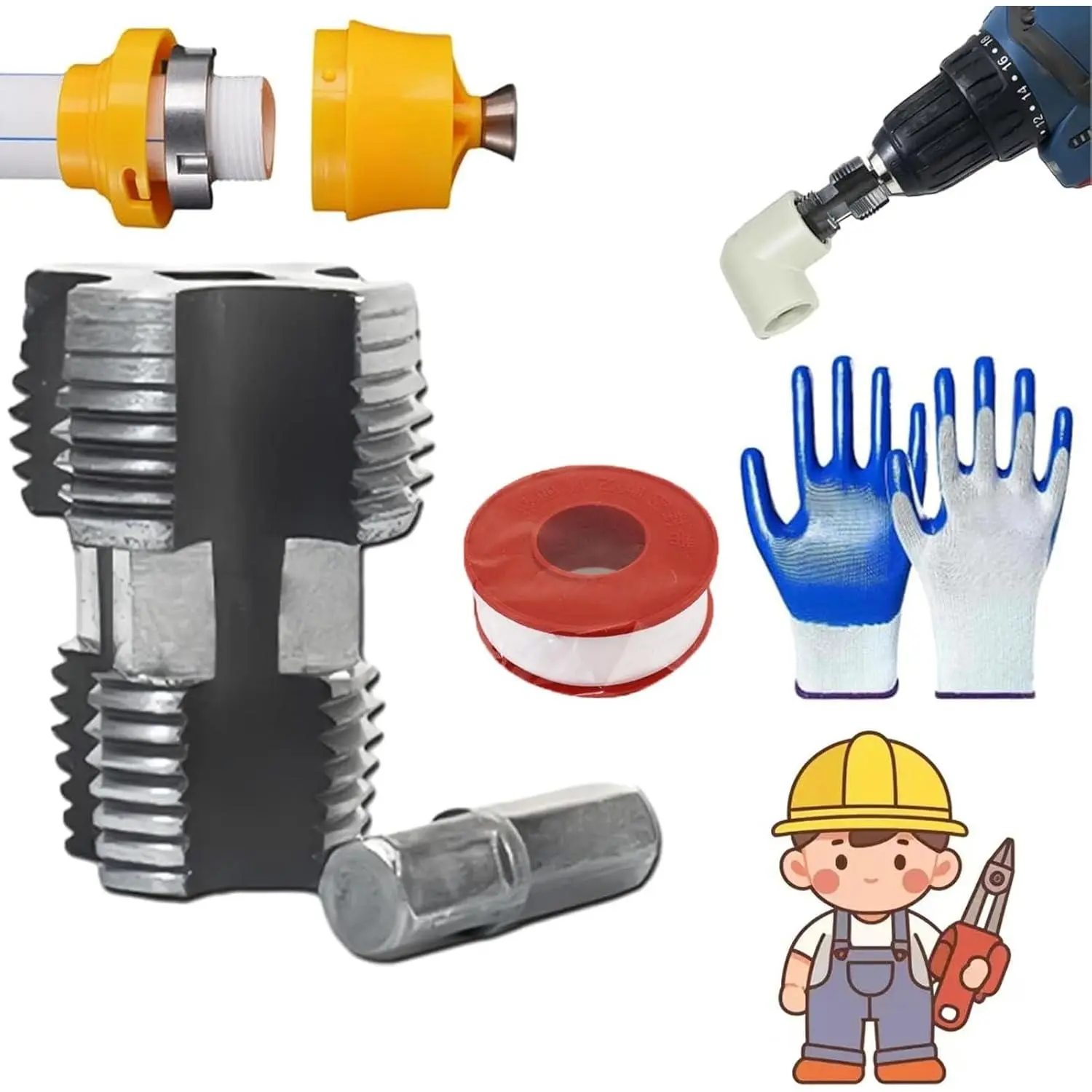 PVC Pipe Threader Complete Set - Electric Drill Compatible Thread Maker Tool, 3-Size Dies (1/2, 3/4, 1 in), Protective Gloves, for Water Pipes, DIY Plumbing Needs, Ideal for DIY Enthusiasts