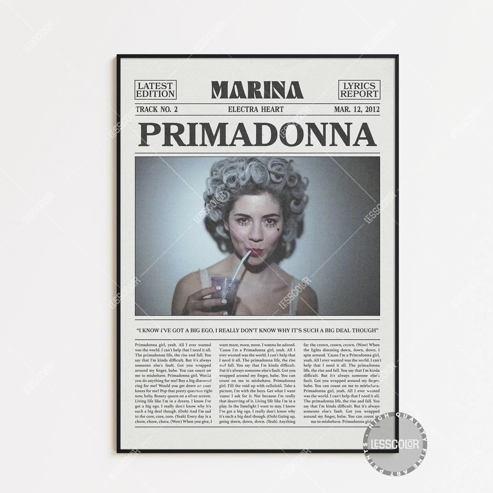 Marina Retro Newspaper Print, Primadonna Poster No Frame, Primadonna Lyric Print, Marina Poster, Electra Heart Poster
