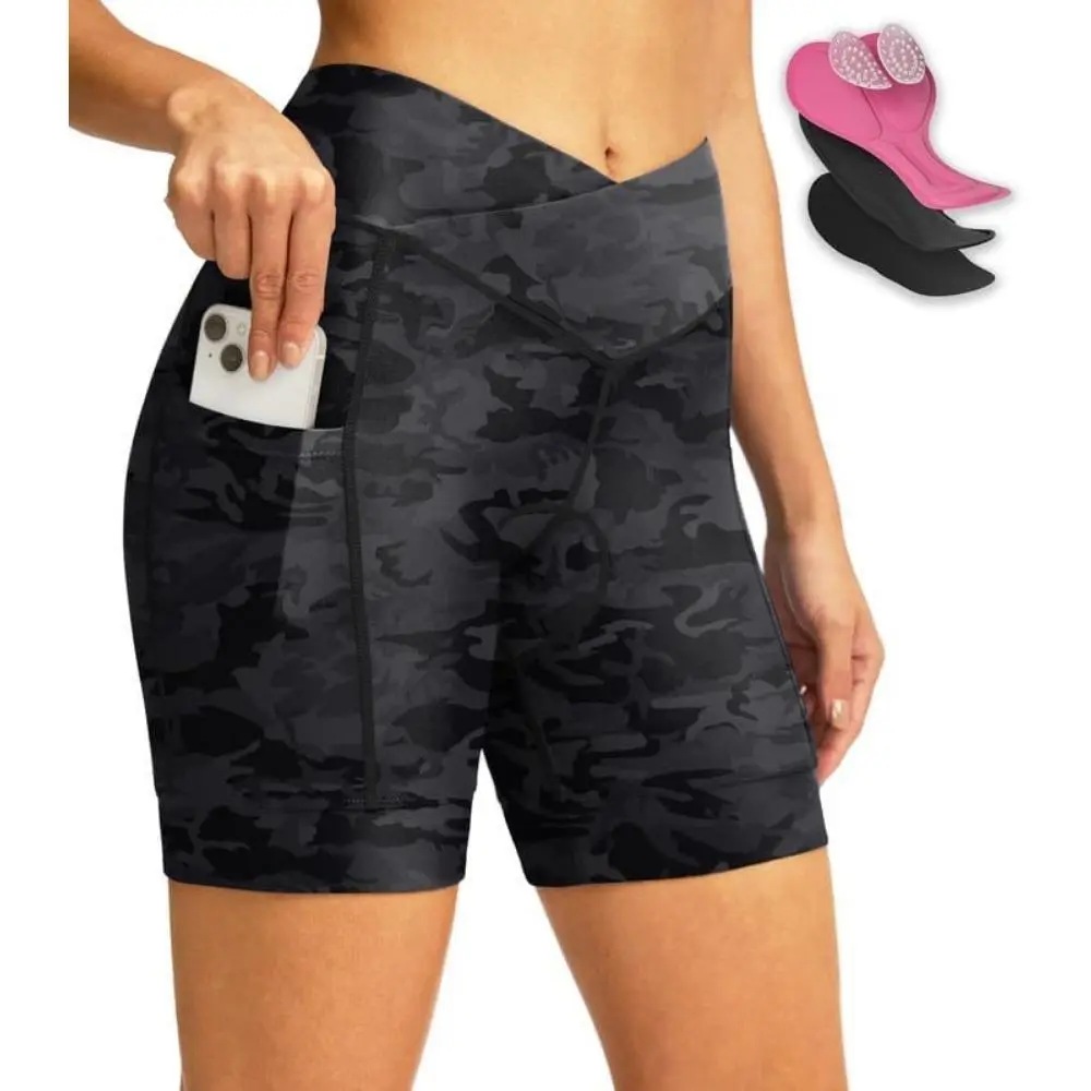 Women's 4D Padded Crossover Waist Biker Shorts with Pockets, Shorts for Women, Ideal for Bicycle Riding (Sports & Outdoor Use), Shorts Women