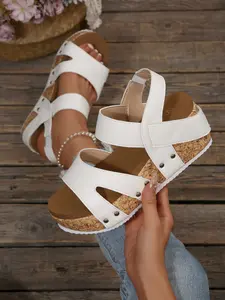 2026 Summer New Outdoor Beach Women's Rivet Soft Wedge Sandals, Strappy Summer Sandals, Casual Sandals, Daily Wear Sandals, Crisscross Strap Sandals, Vintage Hollow Out Roman Shoes, Comfortable PU Material, Anti-Slip Sole