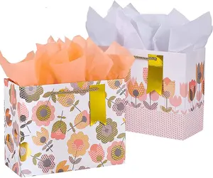 2-Pack 9 Inch Flower Gift Bags with Tissue Paper, Floral Gift Bags for Mother's Day Birthday Bridal Shower Easter