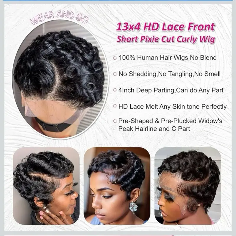 Short Curly Pixie Cut 13x4 Lace Front Wig Human Hair Wigs  display picture 3