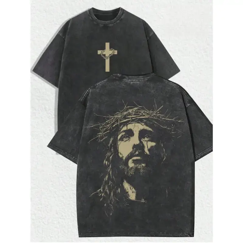 Jesus Crown of Thorns Double-Sided Washed Black Christian T-Shirt - Oversized Faith Tee.Double-Sided Print Jesus & Cross Washed Black T-Shirt - Christian Cotton Streetwear