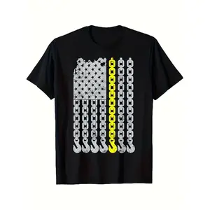 Men's Thin Yellow Line American Flag Graphic Tees - 100% Cotton Retro Menswear Round Neck Shortsleeve Streetwear Tow Truck Driver Tee, Chain Hook & Star Design, Unisex S-XXXL Black Casual Gift Vintage Tshirt