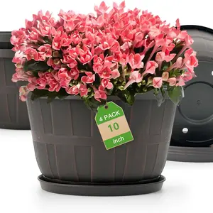 10 inch Plastic Flower Pots for Indoor Plants，4 Pack Large Outdoor Planter Pot with Drainage Holes & Saucers，Imitation Wine Barrel Design，for Indoor Outdoor Garden Plants（Brown）