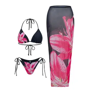 Women's Floral Print Halter Bikini Set, Casual Tie Back Contrast Mesh Swim Top & Tie Side Swim Bottom & Cover Up Skirt Set, Ladies Swimsuit for Beach Holiday Vacation, Floral Print Bikinis
