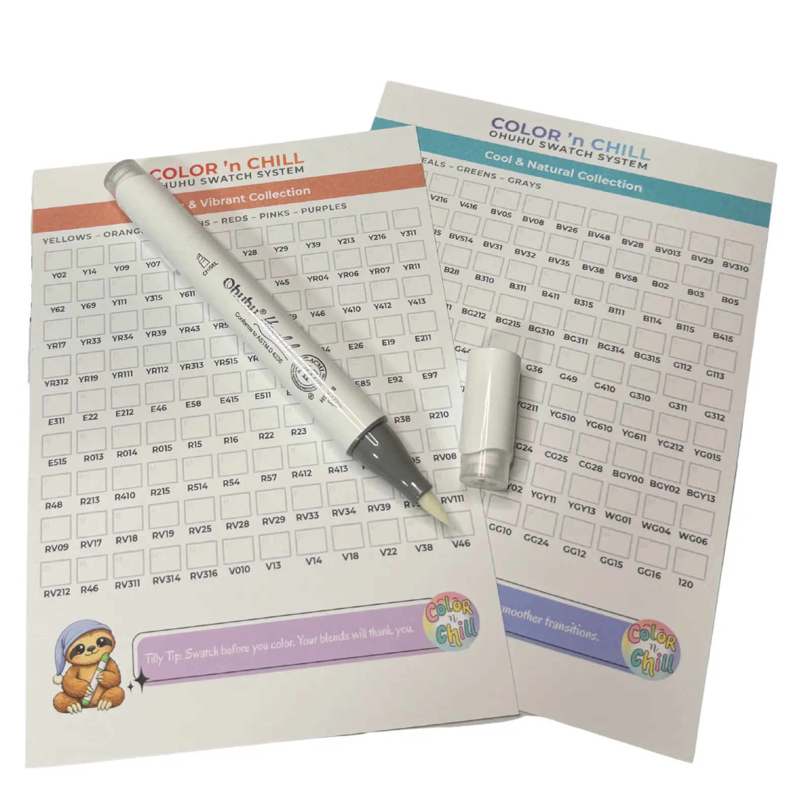 Coloring Essentials Kit for Ohuhu Alcohol Markers - Colorless Blender, Swatch Cards, Page Protector