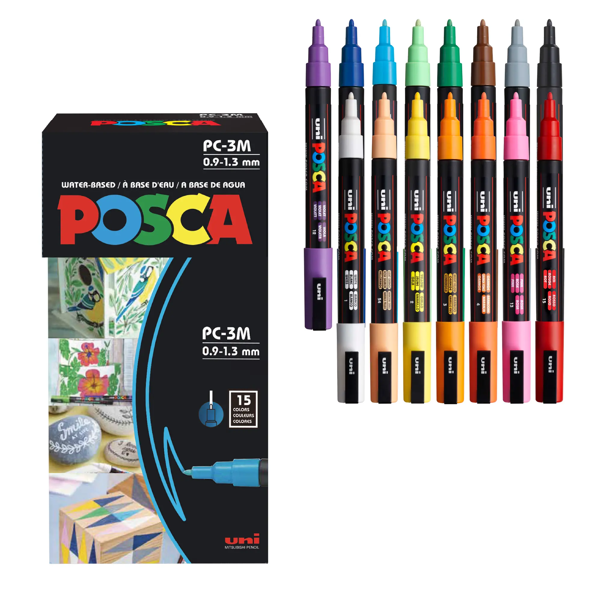 POSCA® PC-3M Water-Based ACMI-Certified Ink Markers, 0.9-1.3mm Fine Reversible Tip, 15-Count Multi-Color Set & Color Kit, Mix & Dilute Ink, Office/Art Supplies for Craft Materials & DIY Craft Projects