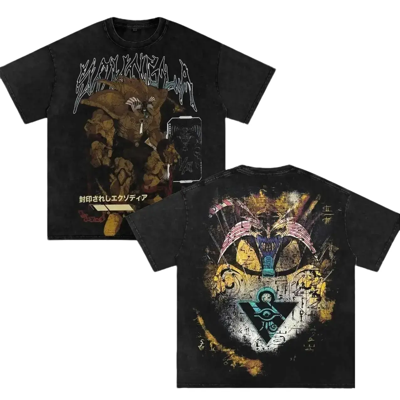 Exodia Yu-Gi-Oh Anime Manga Graphic T-Shirt - JVP Menswear Retro Vintage Washed 100% Cotton Unisex Oversized Short-Sleeve Crew Neck Double-Printed Durable Casual Faded Black Top, Cold Wash Hang Dry, S, Shortsleeve, Tshirt