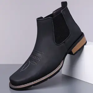 Luxury Embroidered Cowboy Boots, Slip-On Design, Matte Leather Non-Slip Wear-Resistant Men's Footwear
