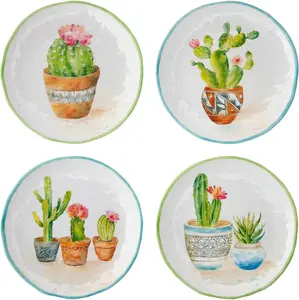UPware Cactus Melamine Salad Plates, Round Plates Set, Colorful Succulent Plant Designs, BPA-Free, Durable, Dishwasher Safe, Outdoor or Everyday Use, Multicolor, 9 Inches, Set of 4
