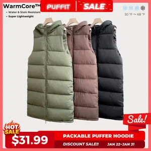 【Clearance】PUFFIT WarmCore Premium Women Warmer Oversized Hooded Long Puffer Gilet, Sleeveless Waistcoat Quilted Vest, Water Repellent Deep Pockets Style