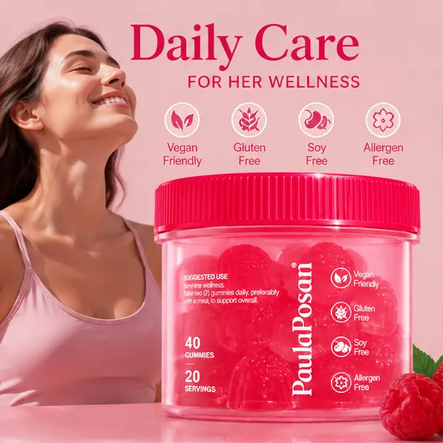 PaulaPosan Women's Chewable Probiotic Gummies with Cranberry, Prebiotics, Natural Fruit Flavor - Vegan, Gluten-Free, Soy-Free Gut Health, Feminine Support Supplements (40 Count)