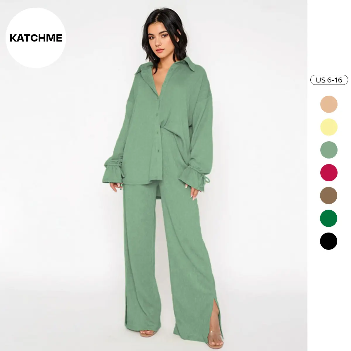 KatchMe Women's Classy Solid Color Collared Button Flounce Sleeve Shirt & Slit Wide Leg Trousers Co-ord (2), Comfort Two Piece Set, Basic Womenswear