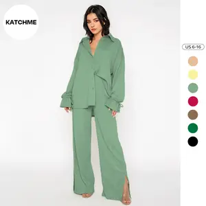KatchMe Women's Classy Solid Color Button Flounce Sleeve Shirt & Slit Wide Leg Trousers Co-ord (2), Comfort Basic Two Piece Set for Spring & Fall