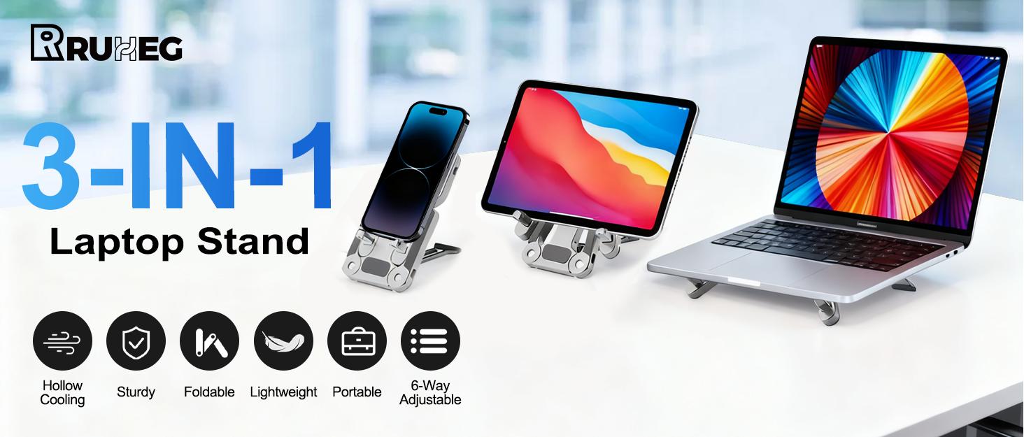 Viral Foldable Cooling Stand Multi-Use Ergonomic Laptop Riser Tablet Phone Live Stream Holder 1-Second Fold Unfold Multi-Angle Adjustment with Cooling Vents Silver