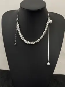 Elegant Faux Pearl Beaded Drawstring Necklace for Women, Fashionable Delicate Design Choker, High-End Neck Chain